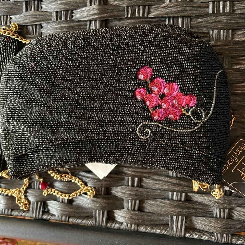 Mary Frances Black Beaded Clutch with Red and Gold Accents - Picture 4 of 6